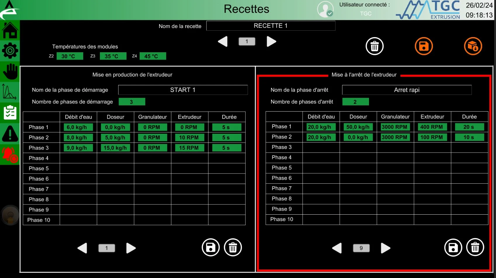 Écran de recettes de pilotage process